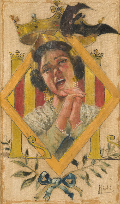 JUAN BELDA MORALES, "Valenciana en oración sobre el escudo 