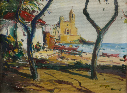 MANUEL AMAT ROSES, "Vista de Sitges", Óleo sobre lienzo.