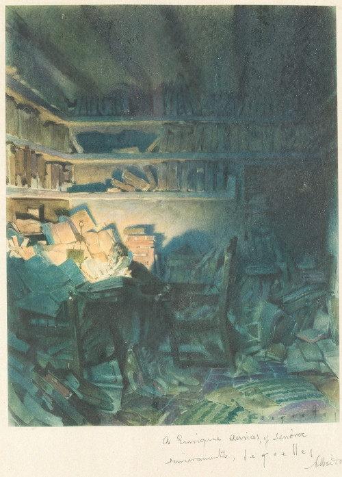 JOSÉ SEGRELLES, "Don Quijote en su biblioteca", Grabado.