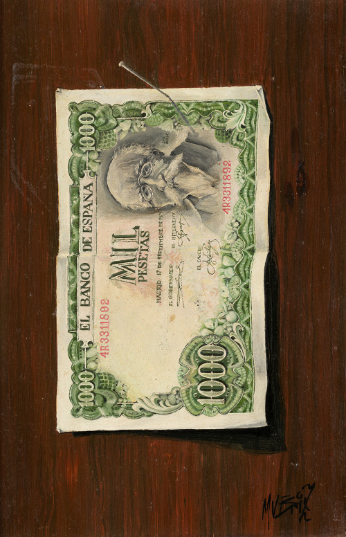 ANÓNIMO S.XX, "Billete de mil pesetas", Óloeo sobre tabla.