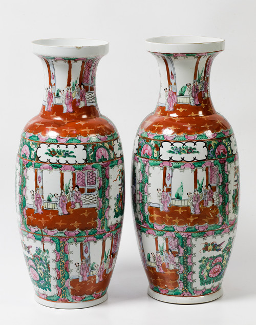 Pareja de jarrones de porcelana china de Cantón, S. XX