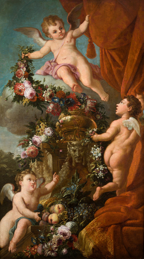 ESCUELA ITALIANA S.XVIII, "Pedestal con guirnalda floral y