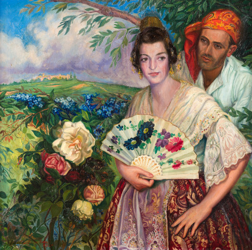 JOSE MARIA LLORENS NADAL, "Idilio valenciano" 1924, Óleo so
