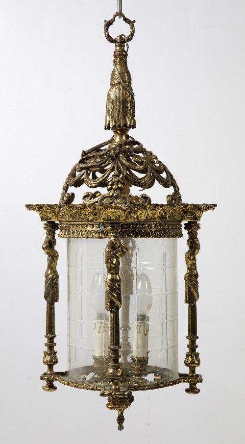 Farol de metal dorado y cristal grabado, med.S.XX