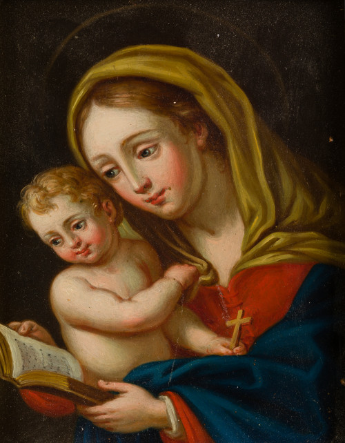  ESCUELA ITALIANA, "Virgen con el Niño", Óleo sobre cobre.
