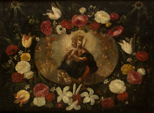 ESCUELA MADRILEÑA S. XVII, “Virgen con el Niño en orla de f