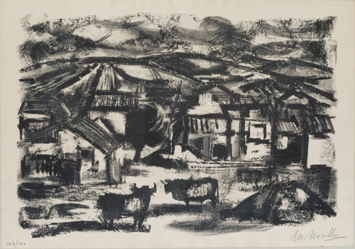 CIRILO MARTÍNEZ NOVILLO, "Paisaje de pueblo con ganado" , L