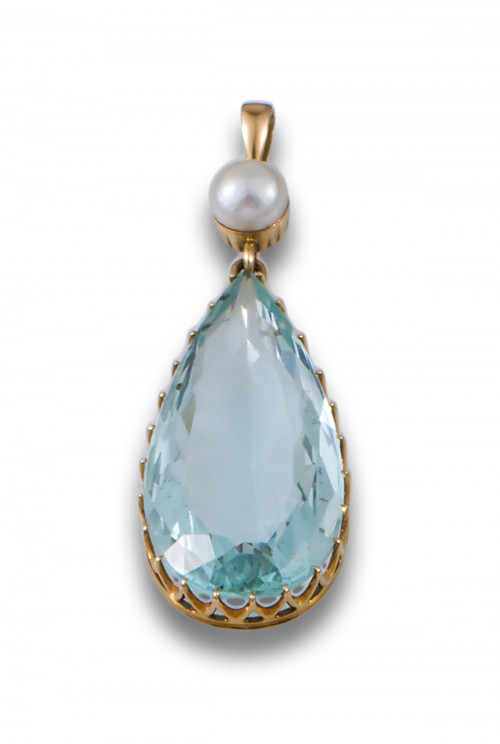 COLGANTE AGUAMARINA, CON PERLA, ORO DE 14 KTS