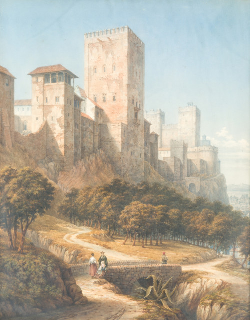JONH DOBBIN c.1815, "Vista de la Alhambra", Acuarela y graf