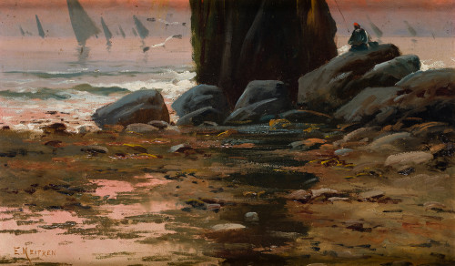 "Paisaje costero al atardecer con pescador y veleros"