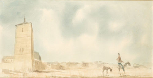 EDUARDO VICENTE, "Paisaje con iglesia, jinete y burro", Acu