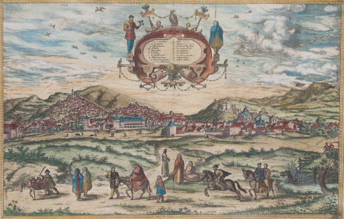 GEORGIUS HOEFNAGEL, "Vista de Granada", Grabado iluminado a