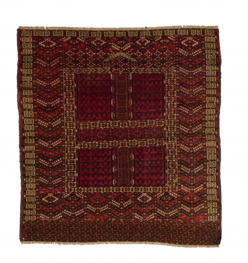 Alfombra persa de seda de campo rojo, decoración geométrica