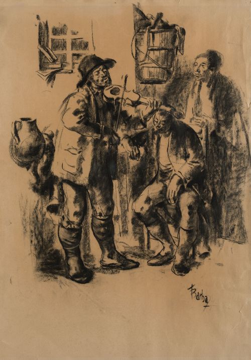 JUAN BARBA, "Músicos", Carboncillo sobre papel