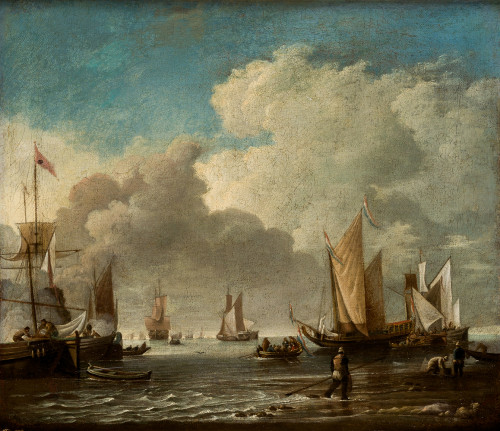 "Marina con barcos y pescadores"