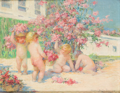 JOSE LLANECES, "Niños recogiendo flores", Óleo sobre lienzo