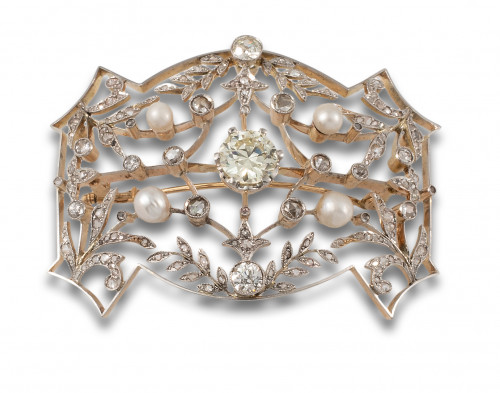 BROCHE, AÑOS 30, DE DIAMANTES Y PERLAS CULTIVADAS