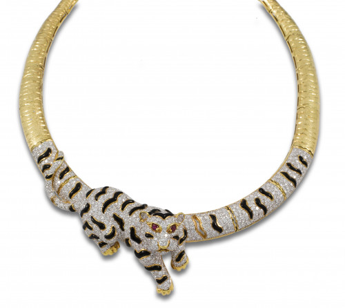 GARGANTILLA TIGRE DE DIAMANTES, RUBÍES, ÓNIX EN ORO AMARILL