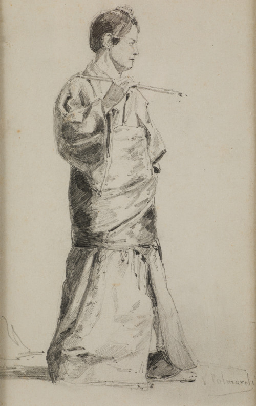 VICENTE PALMAROLI GONZALEZ, "Dama con kimono", Grafito sobr