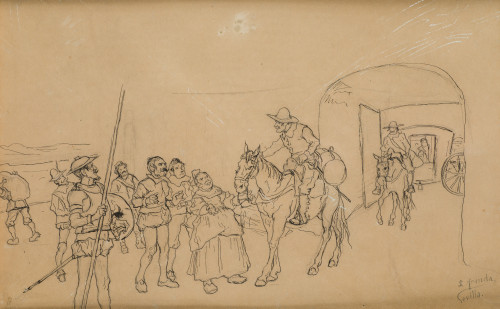JOSÉ JIMÉNEZ ARANDA, "Escena de El Quijote", Tinta y lápiz