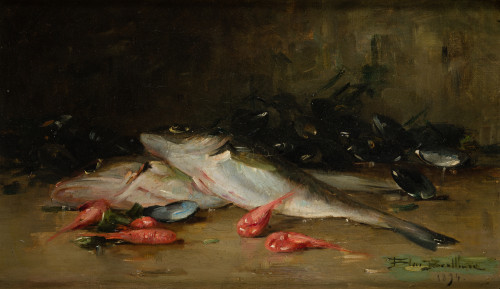 BLAS BENLLIURE GIL, "Bodegón con pescado y marisco", 1894,