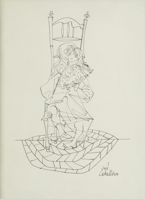 JOSÉ CABALLERO, "Niña sentada", Tinta sobre papel