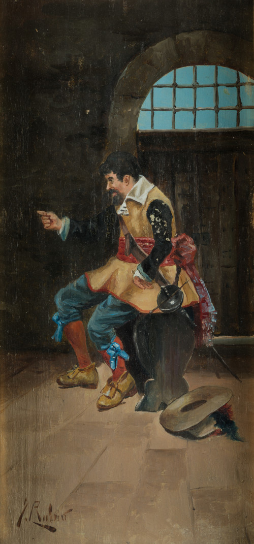 ESCUELA ESPAÑOLA S. XIX, "Espadachín", Óleo sobre tabla