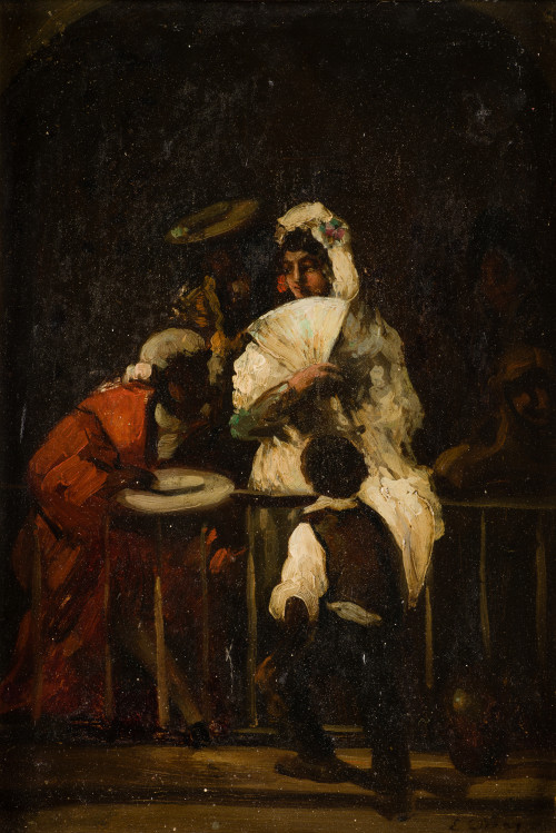 EUGENIO LUCAS VELÁZQUEZ, "En el balcón", Óleo sobre hojalat