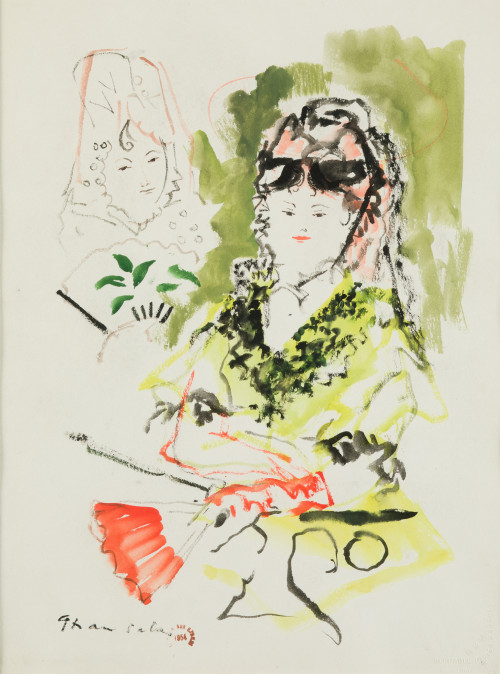 EMILIO GRAU SALA, "Mujeres con mantilla", 1954, Gouache sob