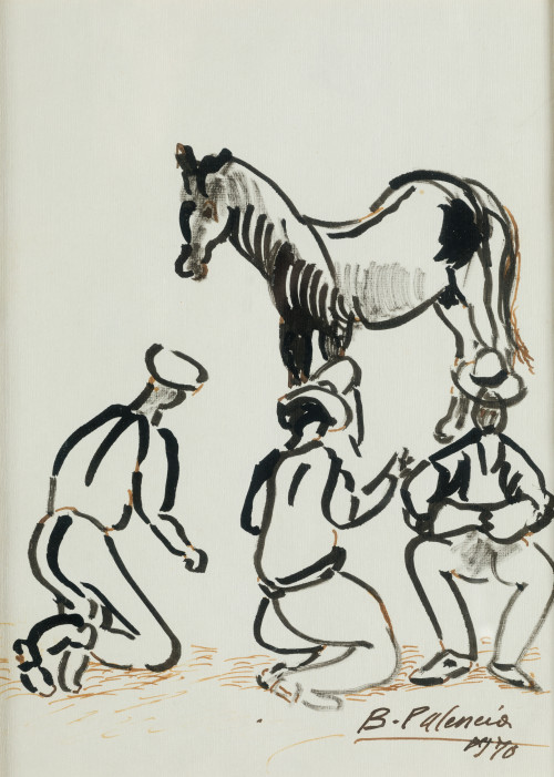 BENJAMÍN PALENCIA, "Personajes y caballo", 1970, Tinta sobr