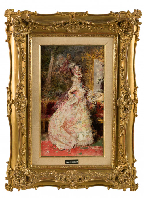 SALVADOR SÁNCHEZ BARBUDO, "Dama elegante", Óleo sobre tabla