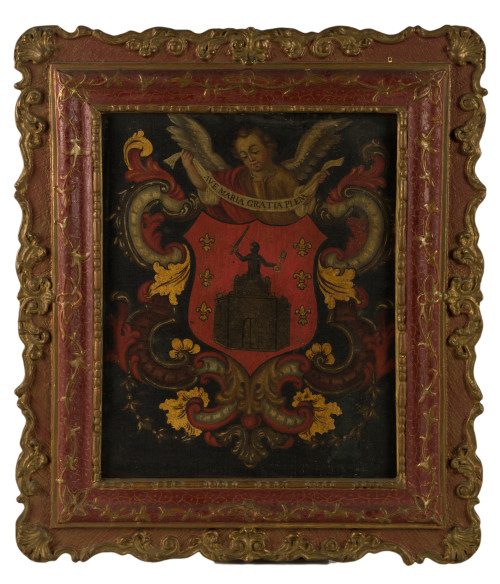 ESCUELA VIRREINAL S. XVIII, "Escudo heráldico con Salutació