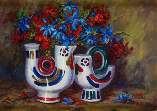 JUSTA MARQUES, "Cerámica y flores", Óleo sobre tabla