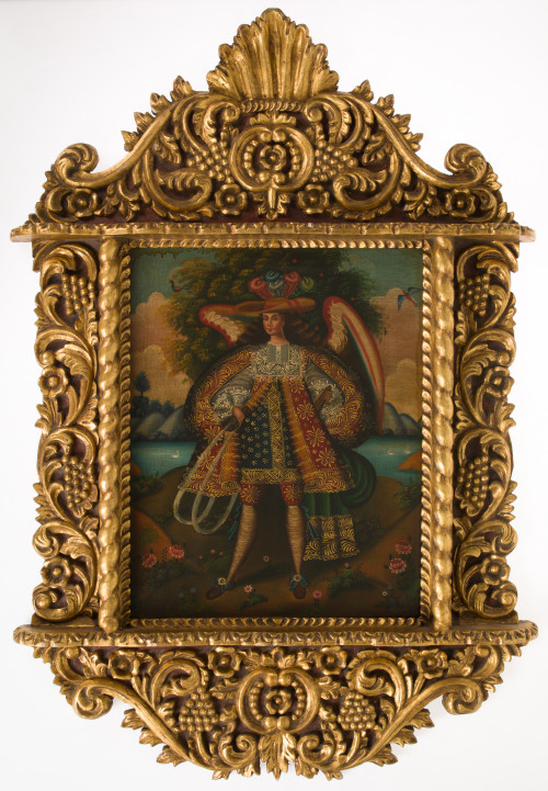 ESCUELA COLONIAL, "Ángel arcabucero", Óleo sobre lienzo