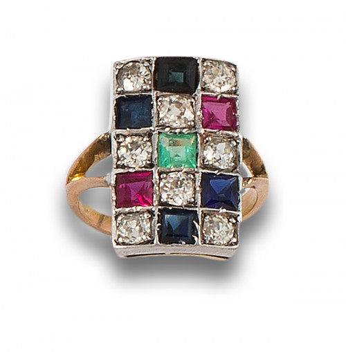 SORTIJA DAMERO DE ORO AMARILLO Y BLANCO CON DIAMANTES,