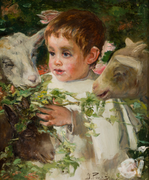 IGNACIO PINAZO CAMARLENCH, "Niño y cabras", 1901, Óleo sobr