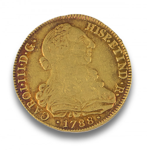 Moneda de oro, 8 escudos Carlos III, de 1788, Ceca Popayan,