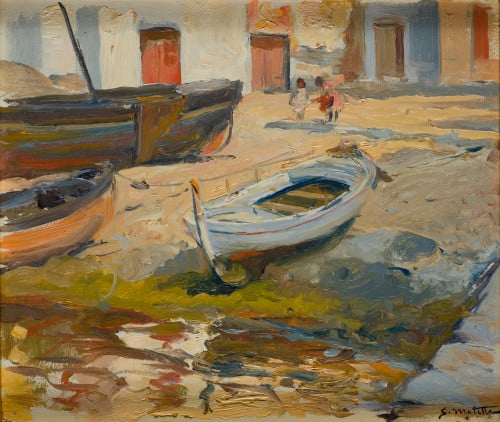 SEGUNDO MATILLA, "Barcas", Óleo sobre cartón