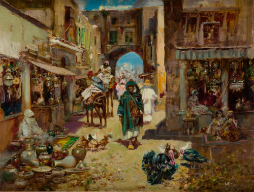 JOSÉ  NAVARRO LLORENS, "Zoco árabe", Óleo sobre tabla