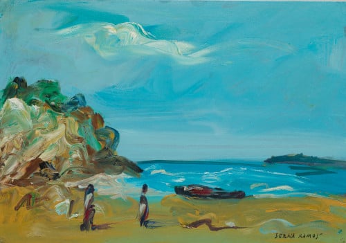 JOSE ANTONIO SERNA RAMOS, "Playa con personajes", Óleo sobr