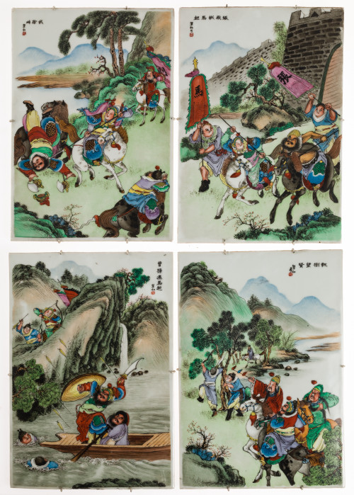Cuatro placas de porcelana china policromada la guerra de X