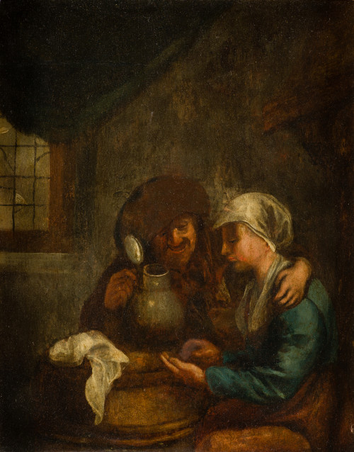  ESCUELA HOLANDESA, "Interior doméstico", Óleo sobre tabla