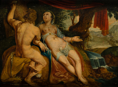ESCUELA FLAMENCA, "Venus y Adonis", Óleo obre tabla