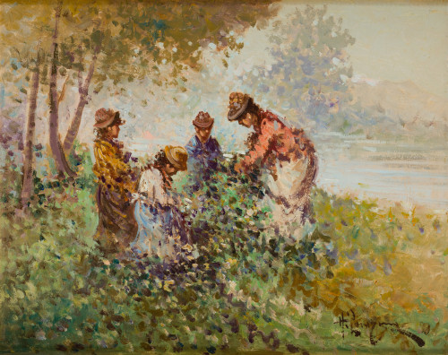 ANTONIO PECORARO, "Cogiendo flores en el campo", Óleo sobre
