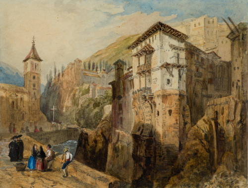 ESCUELA ESPAÑOLA, "Casas colgantes", Acuarela y tintas sobr