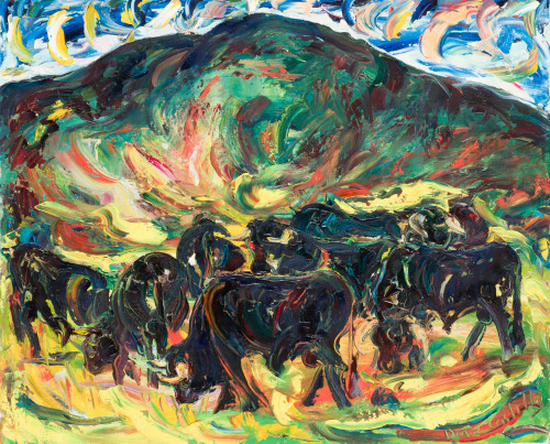 LUCIANO DÍAZ CASTILLA, "Rebaño de toros", Óleo sobre lienzo