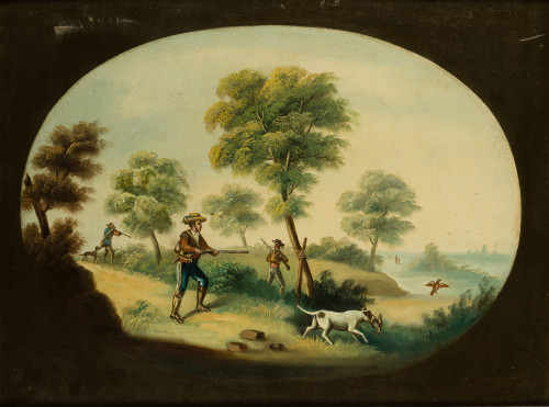 ESCUELA ESPAÑOLA, "Escenas de caza", Pareja sw óleos sobre 