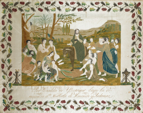 Bordado S.XIX sobre seda representando la entrada en Jerusa