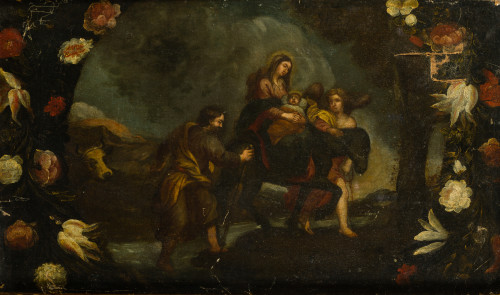ESCUELA ESPAÑOLA, "La huida a Egipto", Óleo sobre lienzo