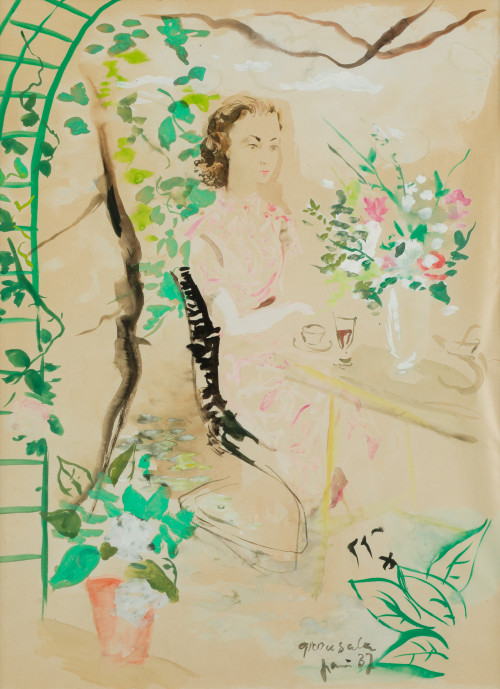 EMILIO GRAU SALA, "Mujer sentada en su jardín", 1937, Acuar